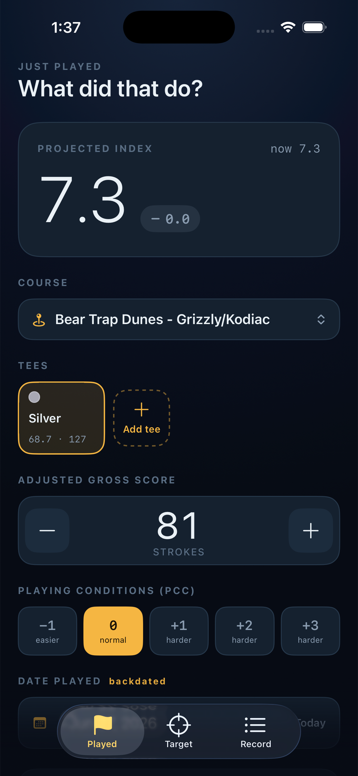 Slope app screen showing a played round
