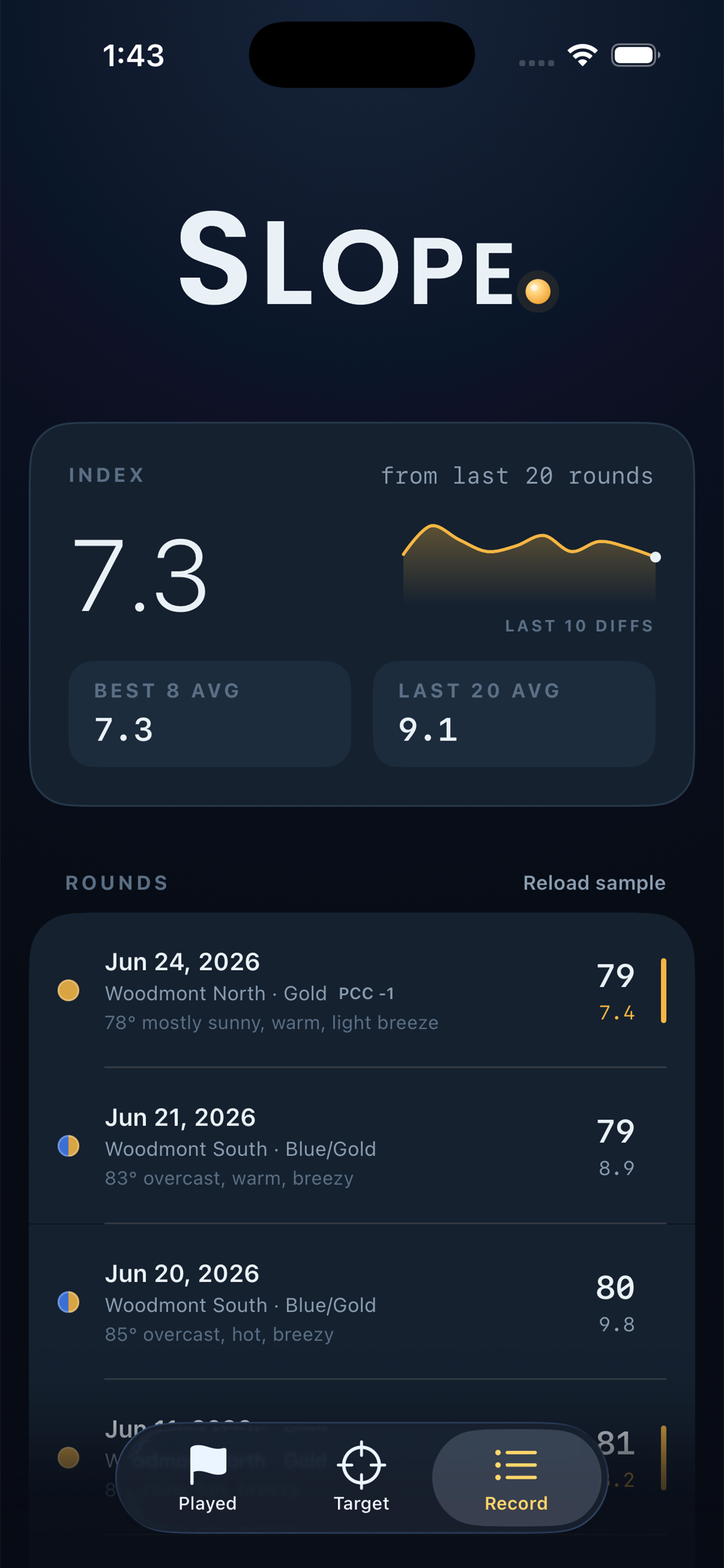 Slope app screen for recording a score