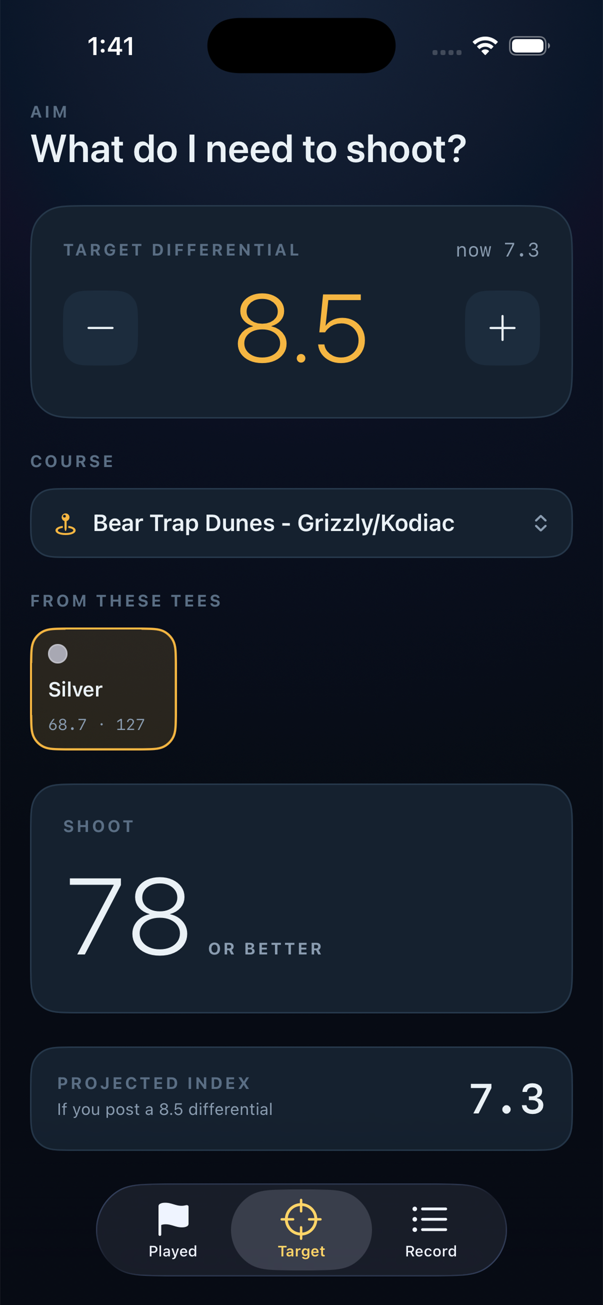 Slope app screen showing target score planning